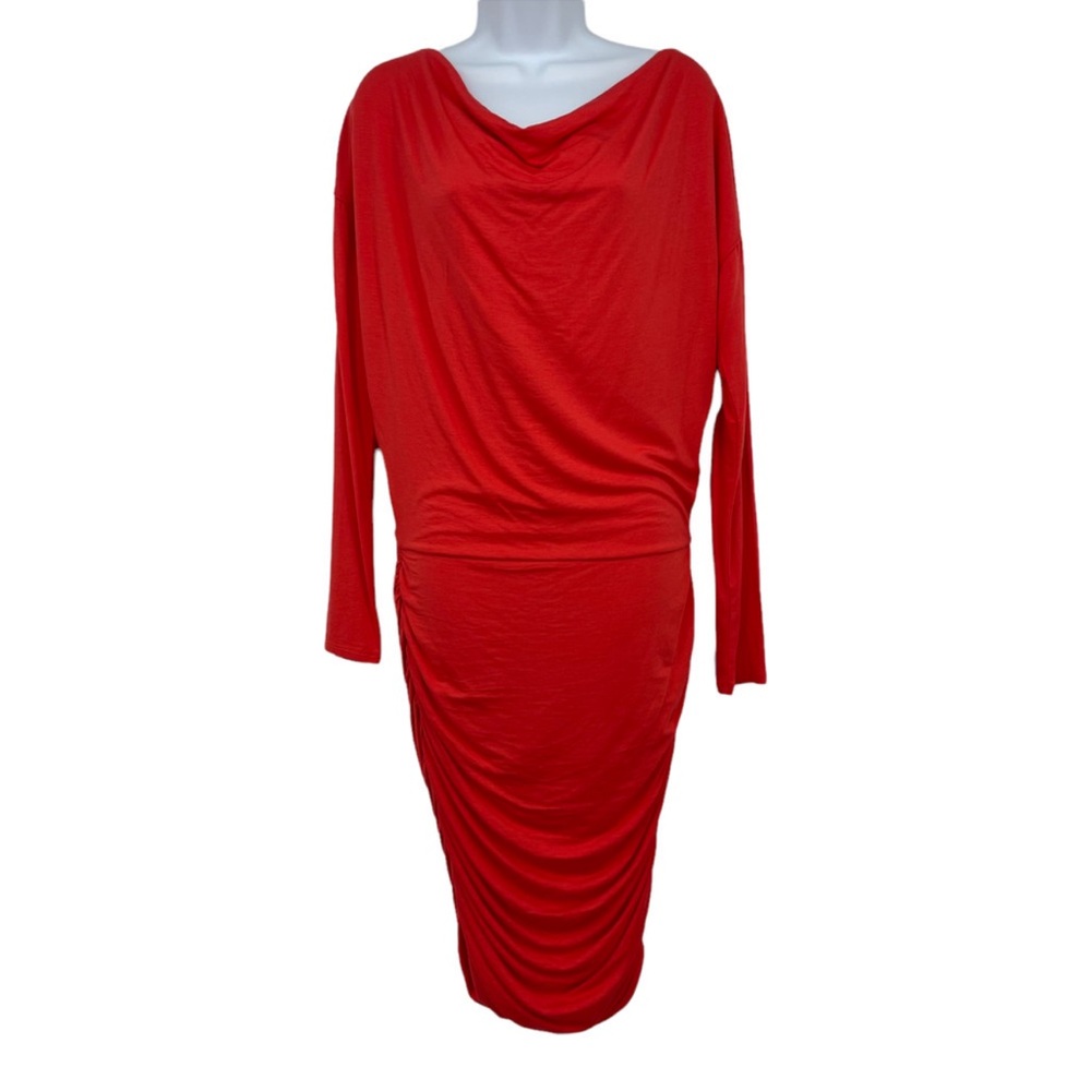 Athleta Red Bodycon Dress Midi Cowl Neck Small Ruched Tomato Long Sleeve Drape